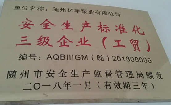 熱烈祝賀隨州億豐泵業有限 公司獲安全標準化三級企業復審通過